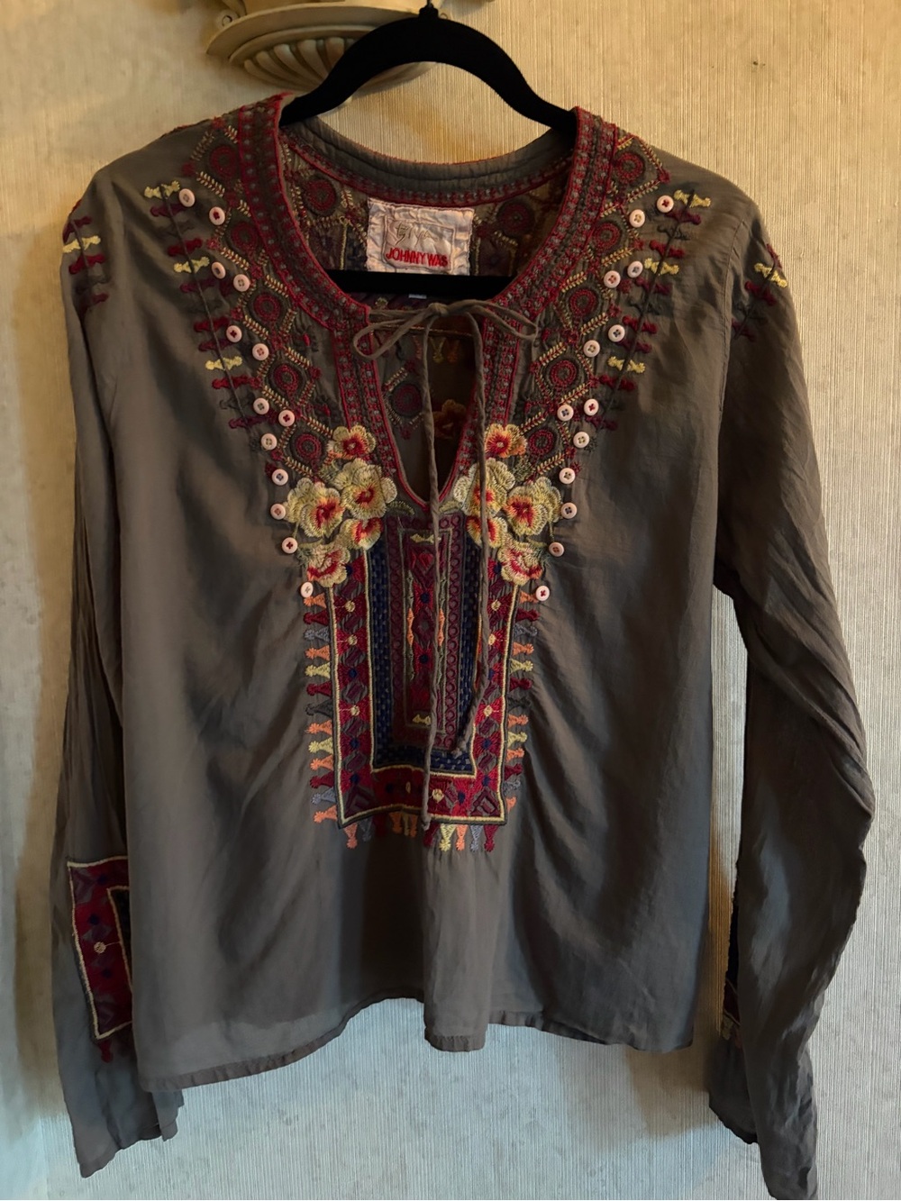 Johnny Was Olive Green Embroidered Tie-Neck Tunic Top Boho